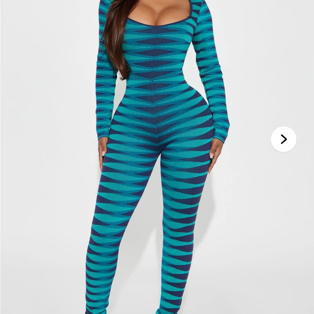 Fashion Nova Teal and Navy Patterned Jumpsuit